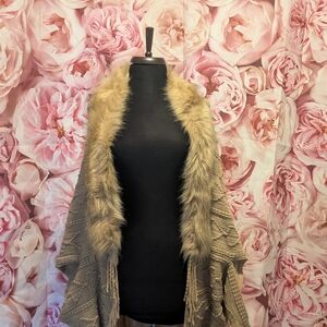 Faux Fur Trimmed Shawl in Beige and Tan